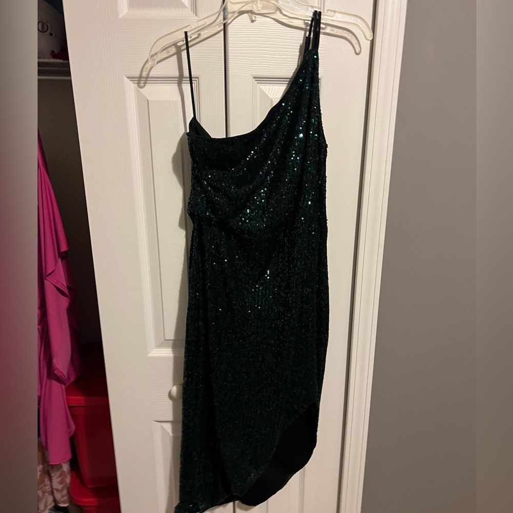 Kate Kasin Green Sequin One Shoulder Dress